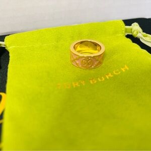 TORY BURCH Pink Enamel Logo Wide Band Ring - NWOT